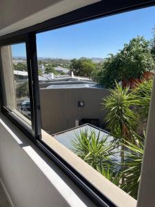 a view from a window of a balcony with plants at 2 Bedroom Urban Bliss in Windhoek +36 photos