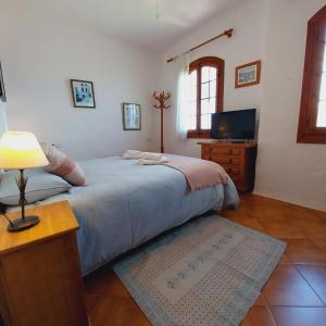 een slaapkamer met een bed met een lamp en een televisie bij Apto POBLET by MENORCAHOST - Vistas únicas al mar en Playas de Fornells in Es Mercadal