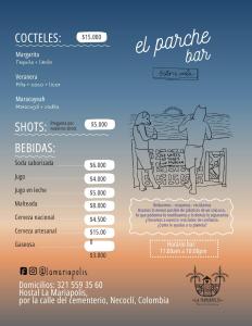 - un menu du bar panrai dans l'établissement Hostal La Mariapolis, à Necoclí