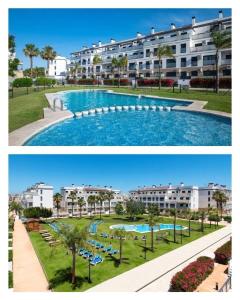 two pictures of a building and a swimming pool at MET Apto en Las Dunas, Oliva Nova in Oliva