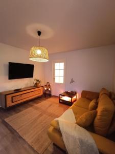 un salon avec un canapé et une télévision à écran plat dans l'établissement Urban Retreat, classé 3 étoiles, à Ebersheim