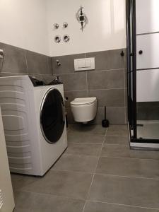 a bathroom with a washing machine and a toilet at Ferienwohnung ENZIAN - nähe Kapellplatz - öffentlicher Parkplatz - Aufzug in Altötting +18 photos