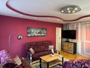 a living room with a couch and a tv at Large, luxury condo with sauna in Przemyśl
