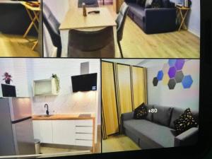 2 Bilder von einem Wohnzimmer mit Sofa und Küche in der Unterkunft Apartamentos Bulevar in Valencia