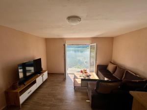 a living room with a couch and a television at Lakeside Harmony Apartment in Golubovci