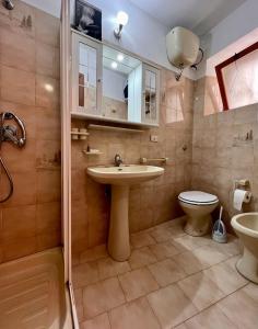 a bathroom with a sink and a toilet and a shower at La casa storica in Santu Lussurgiu