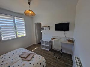 a bedroom with a bed and a desk with a television at Le Nid Cabailla in Coimères +42 photos