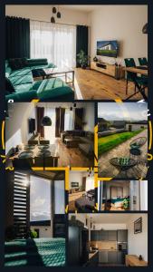 a collage of four pictures of a living room at Apartmány Na Vŕšku in Kežmarok