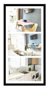 a collage of photos of a kitchen and a table at Vasiliki Holidays Private Apartment Chalkidiki in Flogita