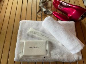 - une serviette blanche avec une éponge à cheveux et un téléphone rouge dans l'établissement Sunny Side Cottage, à Shimoda