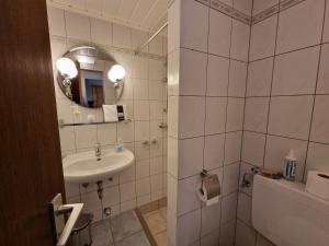 a bathroom with a sink and a shower with a mirror at Ostseewiesen-1 in Hohwacht +20 photos