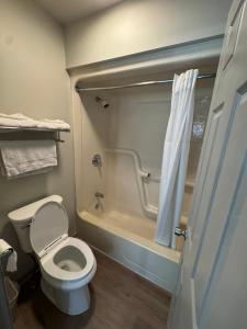 a bathroom with a toilet and a tub and a shower at David Crockett Motel in Lawrenceburg