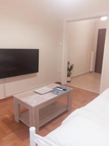 a living room with a coffee table and a tv at A-Apartments -- Agiou Therapontos in Athens