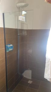 La salle de bains est pourvue d'une douche avec une porte en verre. dans l'établissement Hospedaria São Jorge - Chapada dos Veadeiros, à Sao Jorge