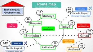 a diagram of the route map of the rouble map at #2 3stops to Shinjuku station stylish spacious studio apartment in Tokyo