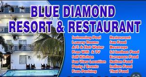 een flyer voor resort en restaurant met blauwe diamant bij Blue Diamond Resort in Trincomalee