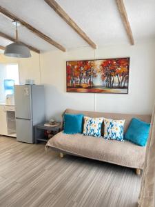 ein Wohnzimmer mit einem Sofa und einem Kühlschrank in der Unterkunft ALOJAMIENTO AVENIDA DEL MAR CABAÑA LA SERENA in La Serena