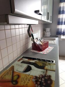 a kitchen with a counter top with books on it at Ferienwohnung Sonnenschein Familie Hamdorf in Bad Sulza