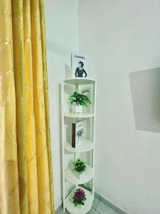 a white shelf with two potted plants next to a curtain at Ngoki’s comfort apartment in Mombasa