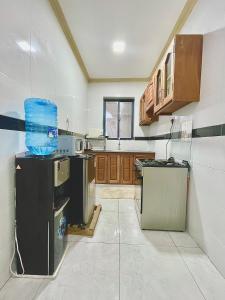 モンバサにあるNgoki’s comfort apartmentのキッチン(コンロ、冷蔵庫付)
