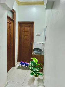 a hallway with a door and a plant in front of it at Ngoki’s comfort apartment in Mombasa