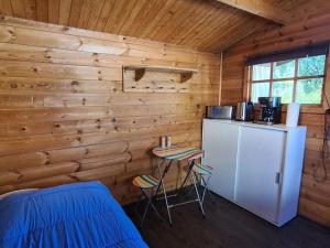 ツィノヴィッツにあるSternchen Comfortable holiday residenceのキッチン(冷蔵庫、テーブル付)