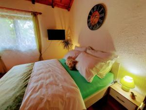 a bedroom with a bed with a clock on the wall at Studio apartman Buteo in Jastrebarsko