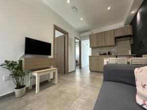 sala de estar con sofá y TV y cocina en Topikos Apartments, en Ayia Napa