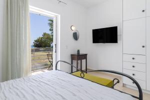 a bedroom with a bed and a tv and a window at Beachfront Villa Alexandra in Skala Kefalonias