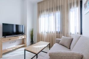 Una sala de estar con un sofá y un televisor. en APARTAMENTOS FIBES GARDEN SEVILLA, en Sevilla