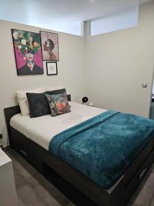 um quarto com uma cama grande e um cobertor azul em Studio meublé - Comme à la maison em Belfort