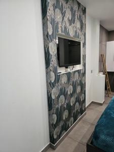 TV de pantalla plana en la pared con papel pintado con motivos florales en Studio meublé - Comme à la maison en Belfort