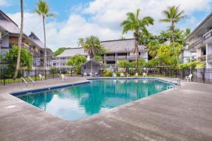 a swimming pool in a courtyard with palm trees at Studio in Hilo Center with Pool and Lake Views in Hilo
