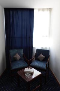アレクサンドリアにあるAmon Alexandriaの椅子2脚、テーブル、窓が備わる客室です。