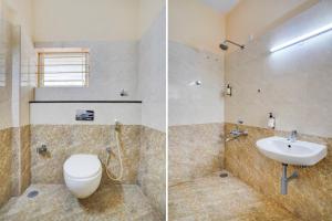 two pictures of a bathroom with a toilet and a sink at FabHotel GRK Comforts in Bangalore