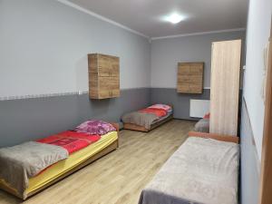 Cette chambre comprend 3 lits et un miroir. dans l'établissement ALFA Noclegi, à Jędrzejów