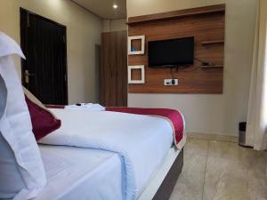 a hotel room with a bed and a flat screen tv at Hotel Full Moon Night in Dalhousie