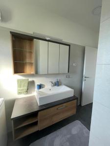a bathroom with a white sink and a mirror at Villa Narona in Medulin