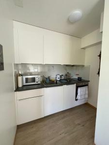 a kitchen with white cabinets and a microwave at Lake side(5min)/fire place/garden/freeparking/45m2 in La Tour-de-Peilz