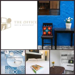 The first real Bed & Breakfast Hiking Hotel 'The Office' in Arequipa, Peru في أريكيبا: مجموعة من الصور مع الجدار الأزرق