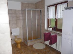ein Bad mit Dusche, WC und Fenster in der Unterkunft Ferienwohnung Eurasburg im Loisachtal in Eurasburg