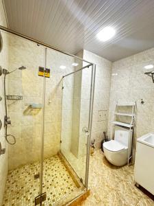 uma casa de banho com um chuveiro e um WC. em Dream Inn H&A em Tashkent