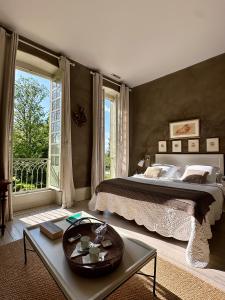 um quarto com uma cama grande e uma janela grande em Côté Park em Givry