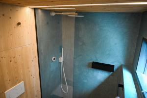 a bathroom with a shower with a blue wall at Tiny House Pioneer 2 - Salemer See in Salem