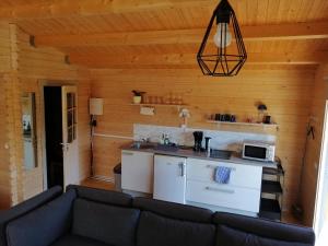a living room with a couch and a kitchen at Rangi Suvemaja in Hiiumaa