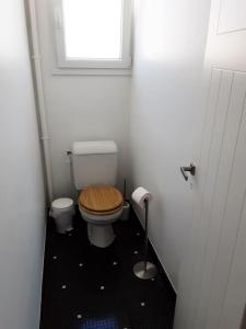 a small bathroom with a toilet and a window at Le Plongeoir in Donville-les-Bains