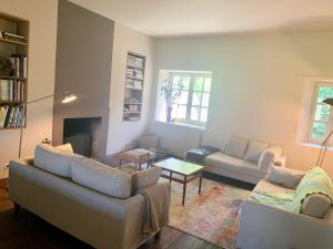 a living room with two couches and a fireplace at Maison spacieuse avec piscine à Saint-Lager-Bressac in Saint-Lager-Bressac