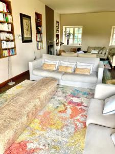 a living room with two white couches and a rug at Maison spacieuse avec piscine à Saint-Lager-Bressac in Saint-Lager-Bressac +45 photos