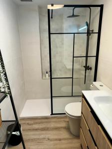 een badkamer met een douche, een toilet en een wastafel bij Apartamento con parking en Pedregalejo in Málaga