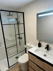 y baño con ducha, aseo y lavamanos. en Apartamento con parking en Pedregalejo, en Málaga
